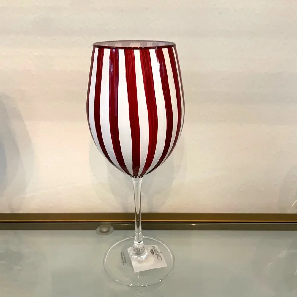 Cabana Red Striped Wine Goblet Glass Set of 2 Holiday NEW